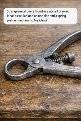 Strange metal pliers found in a utensil drawer. It has a circular loop on one side and a spring plunger mechanism. Any ideas?