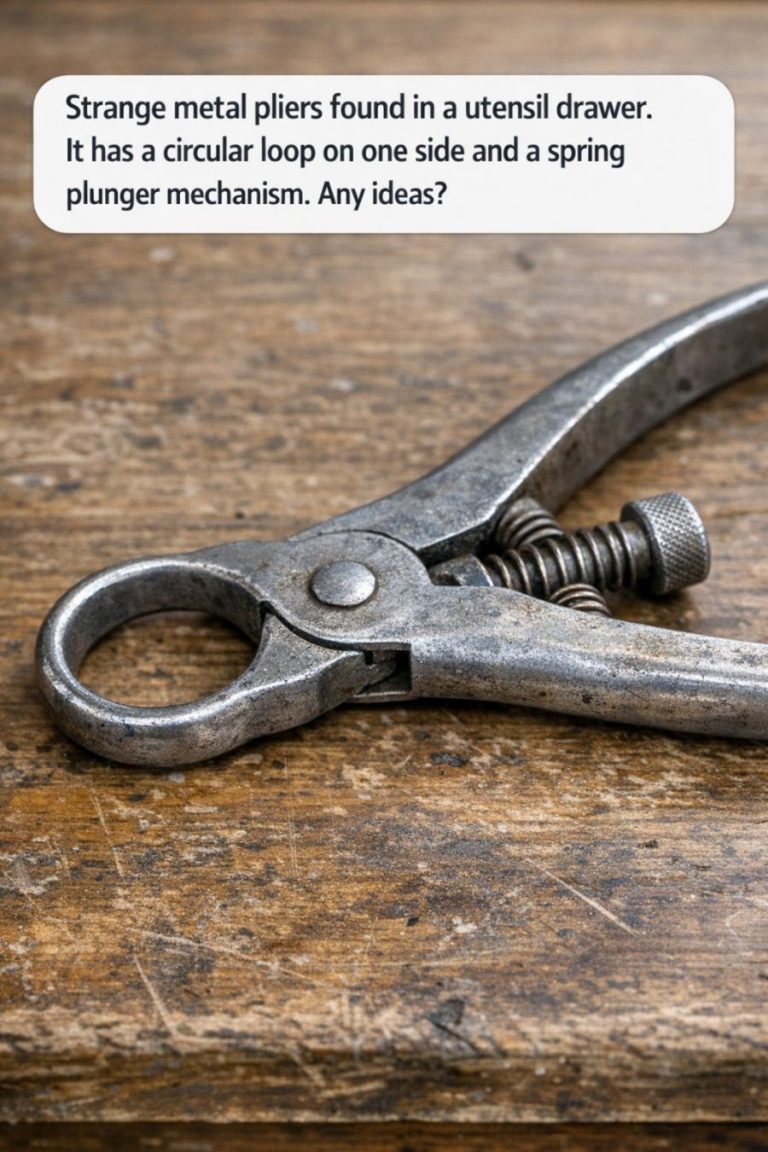 Strange metal pliers found in a utensil drawer. It has a circular loop on one side and a spring plunger mechanism. Any ideas?