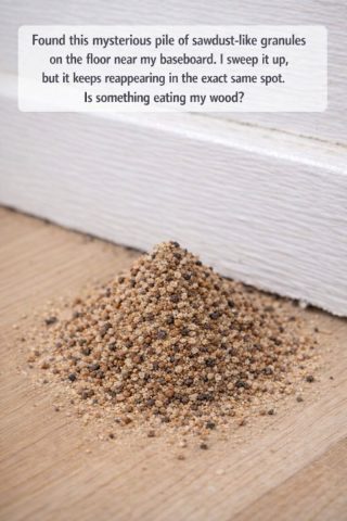 Found this mysterious pile of sawdust-like granules on the floor near my baseboard. I sweep it up, but it keeps reappearing in the exact same spot. Is something eating my wood?