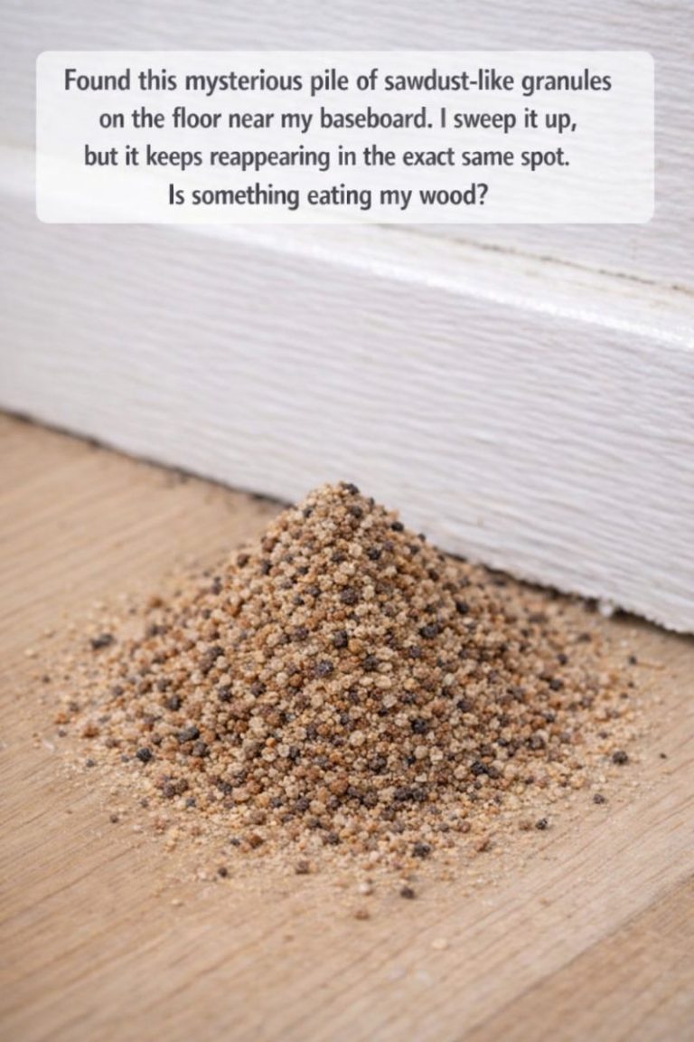 Found this mysterious pile of sawdust-like granules on the floor near my baseboard. I sweep it up, but it keeps reappearing in the exact same spot. Is something eating my wood?