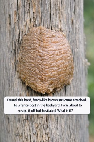 Found this hard, foam-like brown structure attached to a fence post in the backyard. I was about to scrape it off but hesitated. What is it?