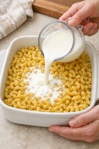 Pour cold whole milk over raw dry elbow macaroni, paired with 3 pantry staples, into a ceramic casserole dish for a creamy meal that’s my default when I don’t know what to make