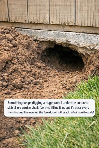 Something keeps digging a huge tunnel under the concrete slab of my garden shed. I’ve tried filling it in, but it’s back every morning and I’m worried the foundation will crack. What would you do?