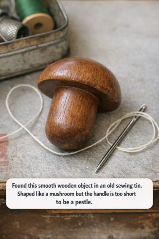 In the world of antiques and vintage finds, the thrill of unearthing an unfamiliar object can lead to delightful discoveries and a peek into the past. While rummaging through an old sewing tin, you might stumble upon objects that seem curious at first glance. Among the spools of thread, buttons, and needles, there’s one smooth wooden object that stands out due to its unusual shape, reminiscent of a mushroom. This wooden item, likely used for a purpose long forgotten by many, beckons with questions about its origins and function. Its presence in a sewing tin suggests a practical use, yet its design hints at more than just utility. This article delves into the mystery of this object, exploring its history and function, and in doing so, uncovers a piece of our cultural heritage that is both fascinating and instructive. Advertisement 1. The Curious Find: A Smooth Wooden ‘Mushroom’ in a Sewing Tin Upon first inspection, the object is smooth to the touch, with a rounded cap sitting atop a short handle. The cap measures approximately 3 inches in diameter, while the handle is about 2 inches long, making it too diminutive to serve as a pestle. The wood, often polished to a fine sheen, suggests significant handling, indicative of frequent use. Its shape, reminiscent of a mushroom, provides no immediate clues about its purpose. The fact that it resides in a sewing tin, however, suggests that it holds a specialized function related to textiles. This context is crucial for identifying its role, as many sewing tools from previous eras were crafted with both utility and durability in mind. 2. Why It’s Not a Pestle: Shape, Size, And Tell-Tale Details The natural assumption might be to consider this object a pestle, given its handheld size and smooth surface. However, its short handle and broad cap are not practical for the grinding or crushing tasks typically associated with a pestle. Most pestles have elongated handles that provide leverage for grinding. In contrast, this object’s design is optimized for a different kind of manual task. The smooth, rounded cap would not provide the necessary pressure or control needed for grinding spices or herbs, which requires a more robust and elongated tool. 3. Meet the Darning Mushroom: A Vintage Mending Essential The object in question is a darning mushroom, a tool that was once an essential item in every household. Used primarily for repairing socks and stockings, darning mushrooms provided a stable surface to sew on, simulating the foot’s shape and allowing for easier manipulation of the fabric. In the past, when socks were not as disposable as today, repairing them was a common household task. The darning mushroom was a ubiquitous tool, found in sewing kits across the world, each with slight regional variations in design, but all serving the same purpose. 4. How Darning Mushrooms Were Used to Repair Socks and Stockings To use a darning mushroom, the damaged sock or stocking would be placed over the rounded cap. The smooth surface allowed the fabric to stretch evenly, making it easier to see the area that needed mending. With the fabric taut, a darning needle and thread would be used to weave through the hole, creating a patch that restored the item to usability. This method of repair, known as darning, involves weaving a new piece of fabric by integrating the old threads with new ones. It was a skill passed down through generations, part of the domestic arts that kept family clothing in serviceable condition much longer than today’s fast fashion. 5. Design Features: Short Handle, Rounded Cap, And Smooth Finish The darning mushroom’s cap is intentionally rounded and smooth, allowing fabric to glide across its surface without snagging. This design was crucial for maintaining the integrity of the textile fibers during repair. The short handle provides just enough grip to hold the tool steady while working. Wooden darning mushrooms were often made from hardwoods like beech or maple, chosen for their durability and smooth finish. Some were plain, while others might have been decorated with simple carvings or paint, adding a touch of personal flair to an otherwise utilitarian tool. 6. Clues From Context: What Old Sewing Tins Reveal About Their Tools Old sewing tins often contain a mix of practical tools and sentimental items, reflecting the era and household from which they originate. The presence of a darning mushroom among needles, thimbles, and thread suggests a time when repair and reuse were standard practices. Sewing tins themselves can be valuable indicators of the past, often passed down through generations. They might include inherited tools or items collected over a lifetime, each with its own story. The context of these items together provides a snapshot of domestic life in a particular time and place. 7. Variations on the Theme: Eggs, Mushrooms, And Other Darning Tools While the darning mushroom is a common variant, darning eggs are another popular tool used for similar purposes. Shaped like an egg, these tools also provide a rounded surface for mending fabric, often used interchangeably with mushrooms depending on personal preference. Some darning tools were whimsical in design, crafted to be visually pleasing as well as functional. They came in various sizes, materials, and even colors, reflecting both the availability of materials and the aesthetic preferences of their users. 8. How to Use a Darning Mushroom Today (Step-By-Step Overview) To use a darning mushroom today, start by placing the damaged part of the sock over the mushroom’s cap. Stretch the fabric until it’s taut but not overly tight, ensuring that the hole is centered. Thread a darning needle with yarn or thread that matches the fabric. Begin by sewing a series of vertical stitches over the hole, anchoring the thread in undamaged areas. Then, weave horizontal stitches over and under the vertical ones, creating a woven patch. This method ensures a sturdy repair that mimics the original fabric structure, extending the life of the item being mended. 9. Caring For and Restoring Old Wooden Sewing Tools To preserve the integrity of vintage wooden sewing tools like the darning mushroom, regular care is essential. Clean the wood with a soft, damp cloth to remove dust and grime. Avoid soaking the wood, as moisture can cause swelling or cracking. Periodically, apply a light coat of mineral oil or beeswax to nourish the wood and maintain its smooth surface. This will also help to prevent drying and cracking, ensuring that the tool remains functional and beautiful for years to come. 10. Collectible or Everyday Tool? Assessing Age, Value, And Rarity While darning mushrooms were once everyday household items, their status has shifted over time. Today, they are often considered collectible, valued for their historical significance and craftsmanship. The age, condition, and uniqueness of a darning mushroom can affect its value. Hand-carved or painted examples, or those with a known provenance, may be particularly sought after by collectors. However, even a simple, well-used darning mushroom holds value as a nostalgic piece of domestic history, representing an era when mending was a common skill. 11. Why Rediscovering Darning Tools Matters in the Age of Fast Fashion In today’s fast fashion era, the skills and tools associated with repairing clothing have largely been forgotten. Rediscovering tools like the darning mushroom encourages a return to sustainable practices, emphasizing the importance of repair and reuse.  Advertisement By learning to mend our clothes, we can reduce waste, save money, and preserve the craftsmanship of garments that would otherwise be discarded. The darning mushroom, once a staple in household sewing kits, is a symbol of a more thoughtful and sustainable approach to fashion and consumerism.